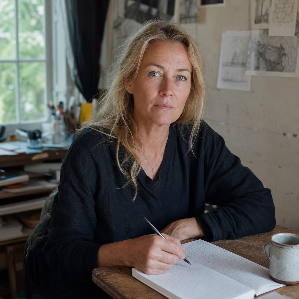 Elsa Bergström at a wooden table, writing in a notebook.
