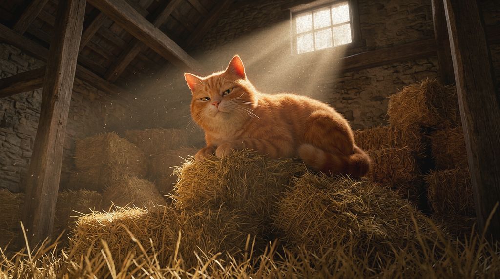 The barn cat on the hay bales, seen from rabbit height.