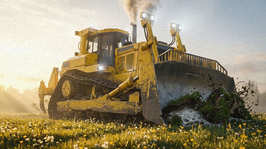 A bulldozer ripping up the meadow turf with chalk showing beneath, exhaust smoke rising, low sun on the left.