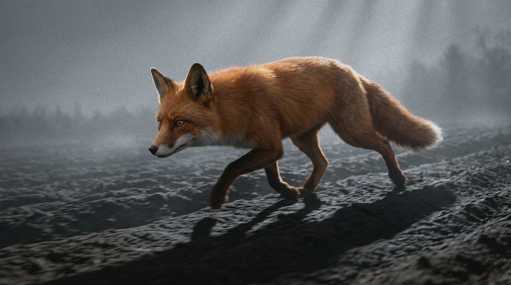The fox crossing the ploughed field.