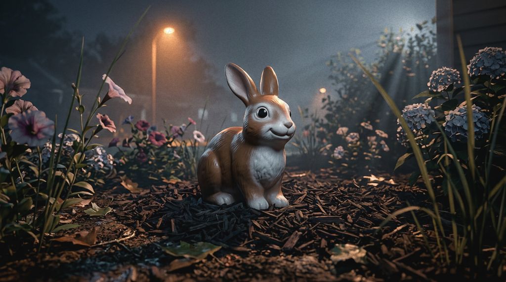 The plastic lawn rabbit in a housing-estate flower bed at night.