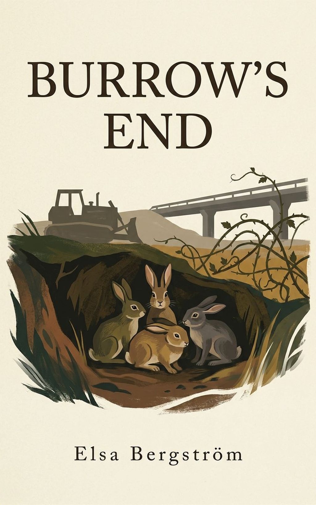 The cover of Burrow’s End: four rabbits sheltering in a burrow under brambles, with a bulldozer and a motorway bridge on the skyline, in a painted, cream-paper style. Title in capitals; author Elsa Bergström.