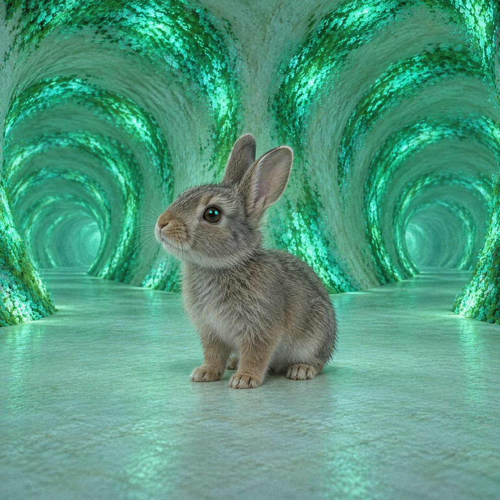 A young kit sits in a glowing jade tunnel, looking up.