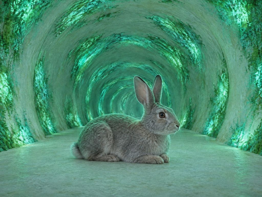 Willow, a grey doe, rests on the tunnel floor with her ears angled forward, watching.