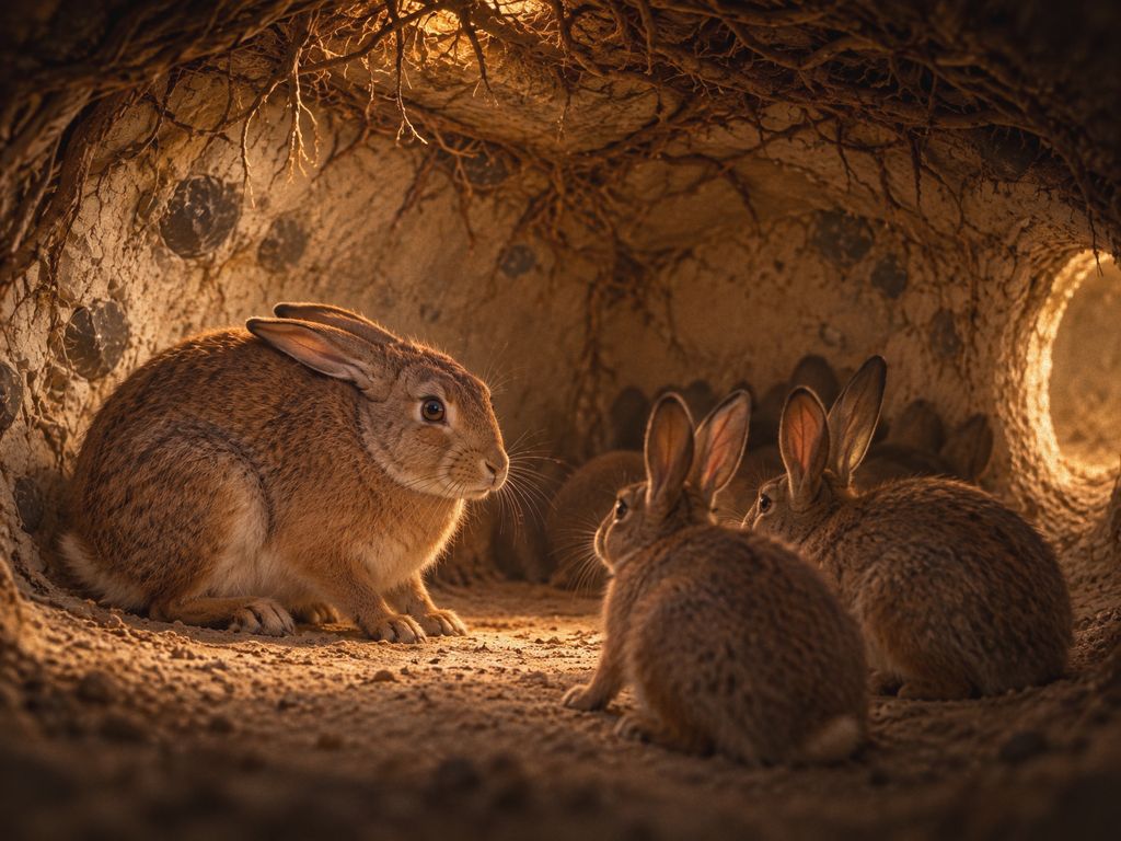 Bracken, a big warm-brown buck, lies at ease in a glowing earthen chamber while young rabbits crowd in to listen.