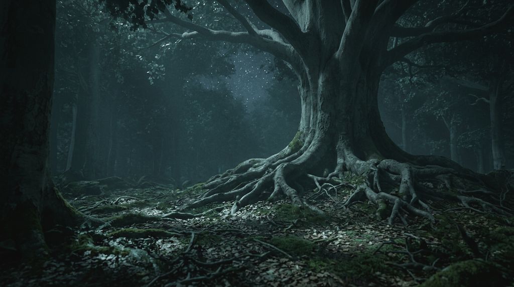 Ancient beech with exposed roots in a dark wood at night, under a glimpse of stars.