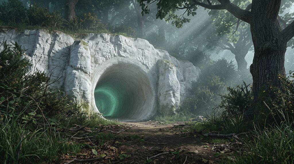The Briar Hill entrance: a too-perfect chalk tunnel mouth glowing green in a wood.