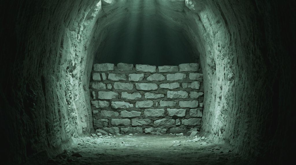 A chalk tunnel ending in a wall of packed chalk blocks, lit faintly green from above.