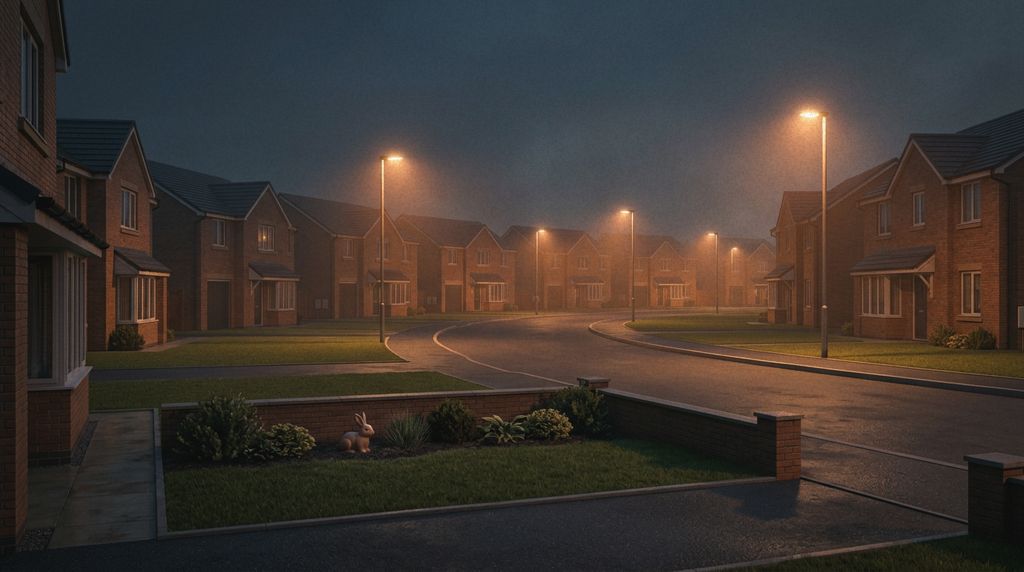Sodium-lit suburban housing estate at night with a plastic rabbit ornament in a front garden.