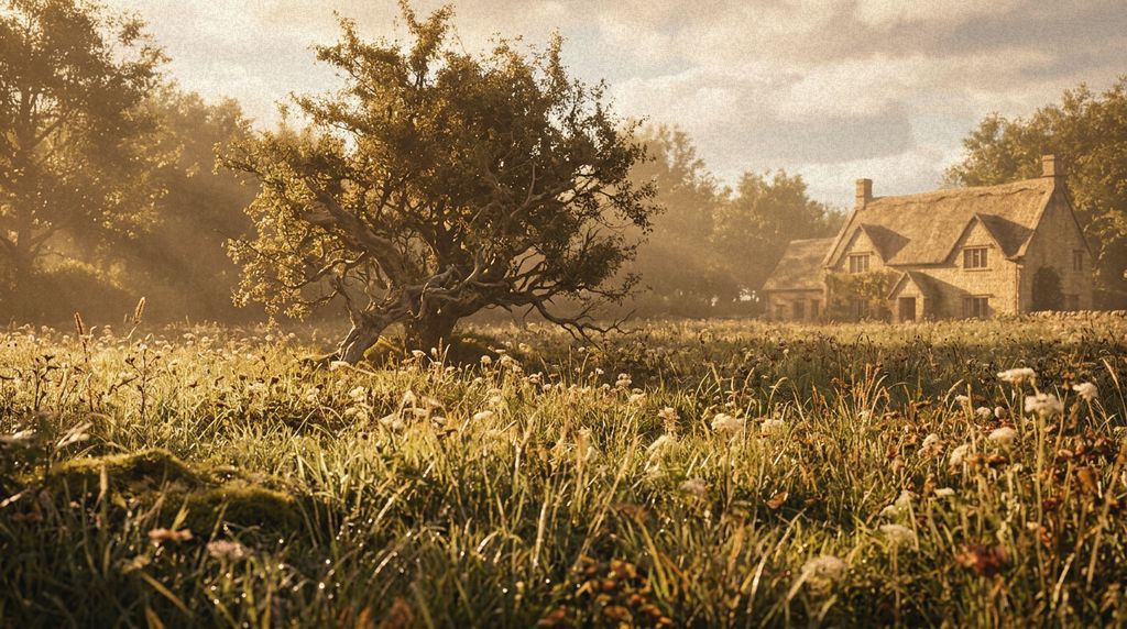 Wildflower meadow with the old hawthorn and a distant thatched stone cottage at golden hour.