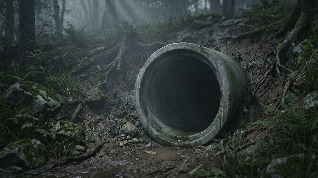 Concrete drainage pipe mouth in a muddy woodland bank in grey pre-dawn fog.