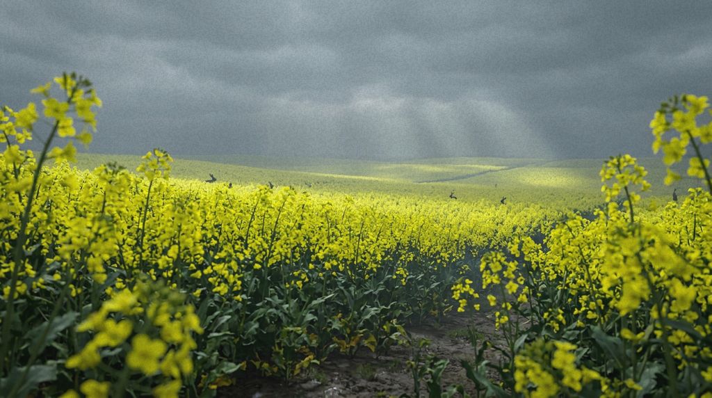 Rabbits crossing a neon-yellow rapeseed field under an overcast sky.