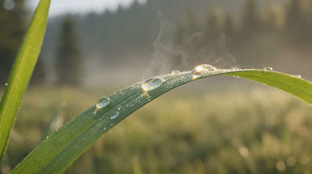 Dew evaporating from a blade of meadow grass at sunrise.