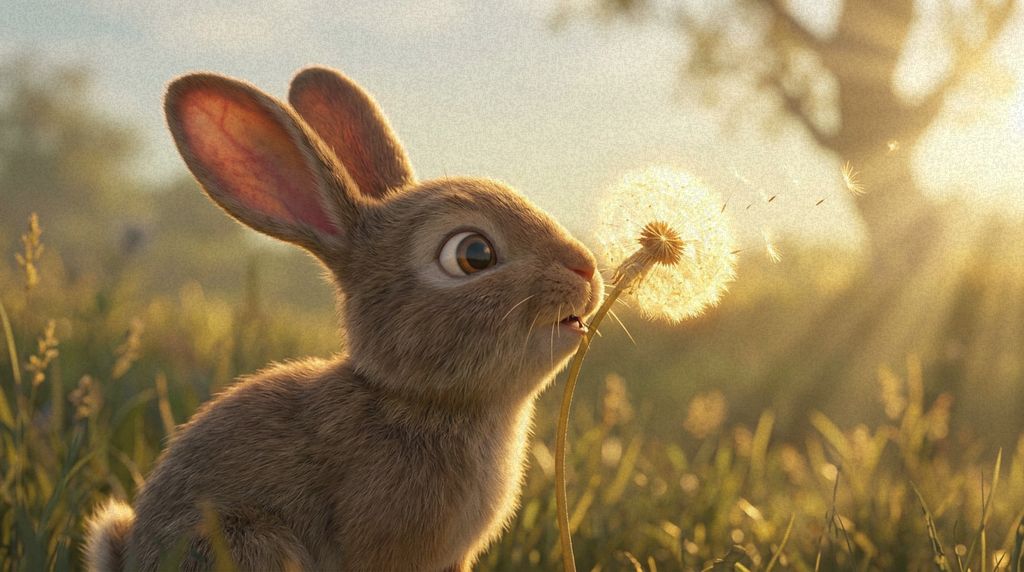 A yearling discovering a dandelion in the evening meadow.