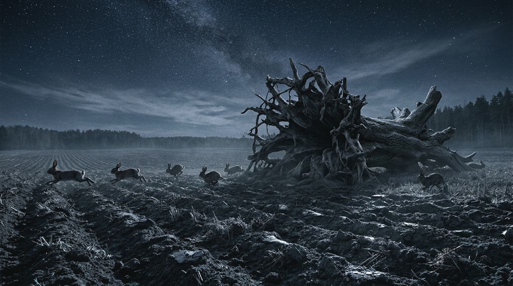 Rabbits running across a ploughed field at night past a fallen oak.