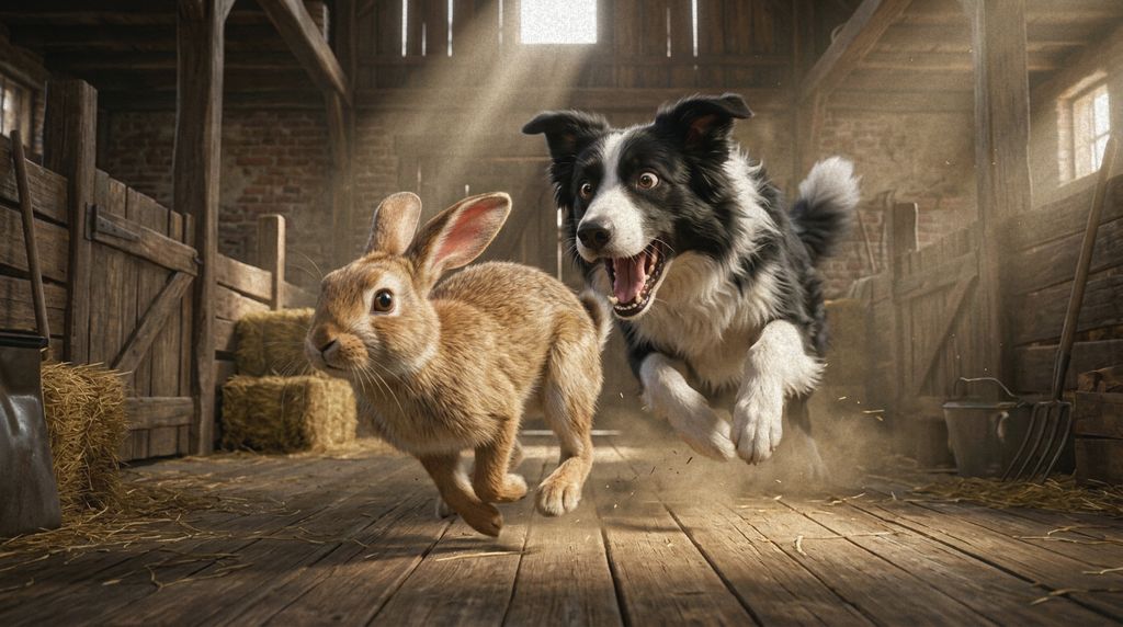 Fern fleeing through the barn with Gerald the sheepdog at her heels.
