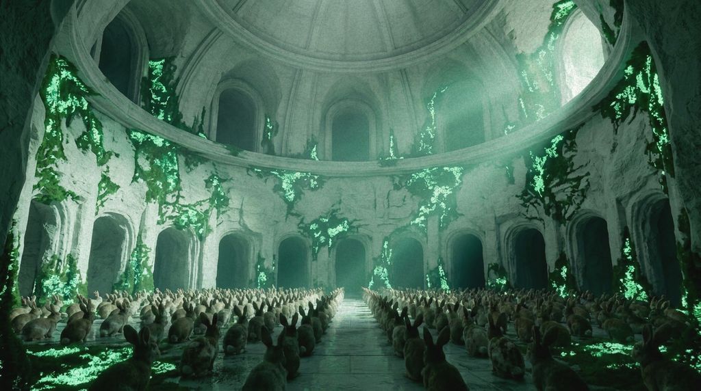 Briar Hill’s main chamber as a jade-lit chalk cathedral full of rabbits in rows.