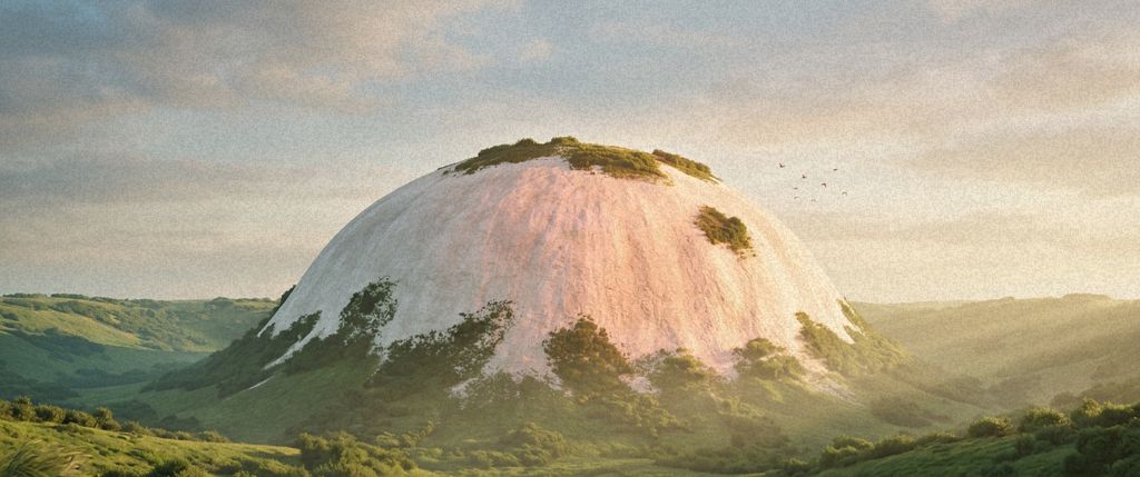 A great white chalk dome, tufted with green, rising above green valleys in soft sunrise light.
