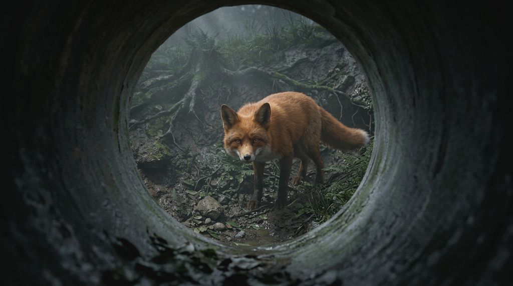The fox waiting at the drainage pipe’s mouth, seen from inside.