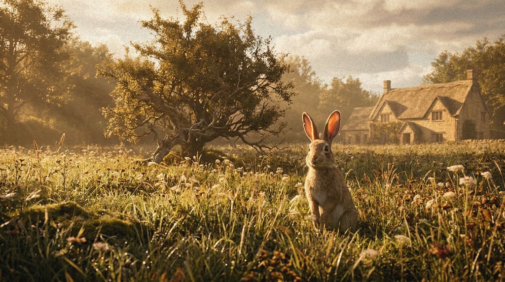 The meadow at golden hour: a sentinel rabbit, the old hawthorn and a thatched stone cottage.